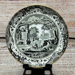 Spode Italian Black and White Saucer Gold Rim England Roman Ruins c. 1816 4.75in